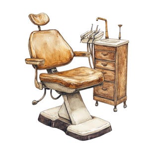 Antyczny fotel dentystyczny PNG Clipart, 12x Zestaw Vintage Dental Equipment Clip Art, Wydrukowalny akwarelowy Clip Art, Papierowe rzemiosło, Pakiet Junk Journal