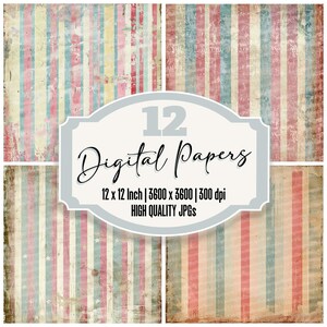 12x Vintage Striped Junk Journal Paper, Carnival Digital Paper Pack, Distressed Texture, High Quality JPGs, Scrapbook Paper,Digital Download