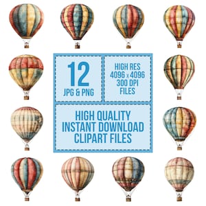 Hot Air Balloon PNG Clipart, 12x Vintage Balloon Clip Art Set ...