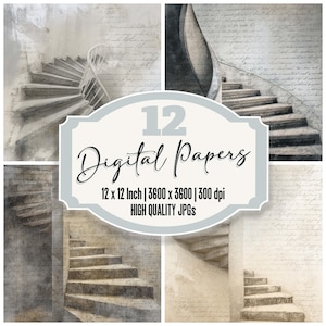12x Vintage Spiral Staircase Junk Journal Paper Old Lighthouse Stairwell Script Texture Digital Paper Pack Architectural Backgrounds JPGs