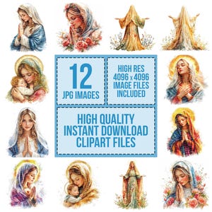 12x Virgin Mary Clipart, Religious Digital Art, Catholic Watercolor Art, High Quality JPG, Digital Download, Prayer Images,, Biblical Art