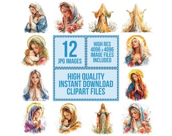12x Virgin Mary Clipart, Religious Digital Art, Catholic Watercolor Art, High Quality JPG, Digital Download, Prayer Images,, Biblical Art