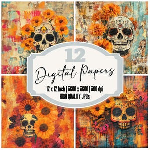 12x Mexico Marigold Junk Journal Paper Skulls Digital Paper Pack Day of the Dead Texture Bright Floral Backgrounds High Quality JPGs