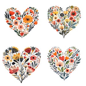 Puede incluir: Cuatro ilustraciones de acuarela de corazones hechos de flores coloridas. Cada coraz&oacute;n es una disposici&oacute;n diferente de flores en tonos de rojo, naranja, amarillo, rosa y azul.