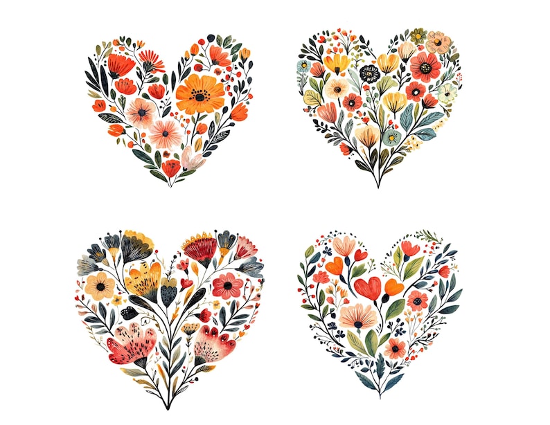 Puede incluir: Cuatro ilustraciones de acuarela de corazones hechos de flores coloridas. Cada coraz&oacute;n es una disposici&oacute;n diferente de flores en tonos de rojo, naranja, amarillo, rosa y azul.