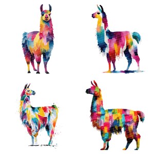 May include: Four watercolor illustrations of llamas in various poses. Each llama is depicted with vibrant, multicolored patterns, showcasing a spectrum of colors including blues, pinks, yellows, and greens. The llamas stand against a clean white background.