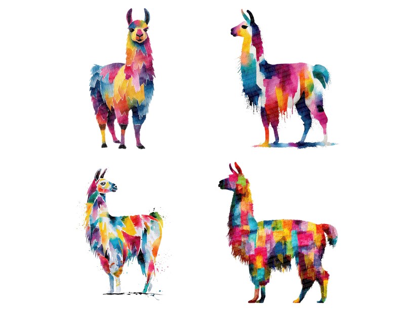May include: Four watercolor illustrations of llamas in various poses. Each llama is depicted with vibrant, multicolored patterns, showcasing a spectrum of colors including blues, pinks, yellows, and greens. The llamas stand against a clean white background.