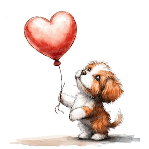Welpe Clipart, süßer Hund mit Liebe Ballon, druckbare Aquarell Clipart, hochwertige JPGs, digitaler Download JPG, Papierhandwerk, Junk Journals