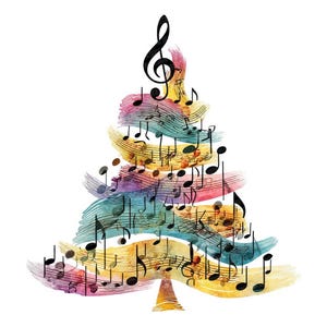 May include: A watercolour illustration of a Christmas tree formed from colourful brushstrokes in shades of blue, yellow, pink, and purple. Black musical notes and a treble clef are scattered throughout, creating a festive musical theme.