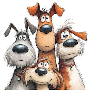 Quirky Dog Group PNG Clipart, 12x tecknad husdjursklipp, utskrivbara roliga hundillustrationer, transparent PNG, digital nedladdning, valppaket