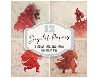 Retro Christmas Santa Digital Paper Pack 12x Silhouette Junk Journal Paper Vintage Holiday Backgrounds Scrapbook Pages Digital Download