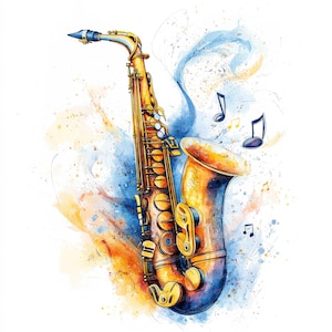 12x Clipart sassofono, Clipart strumento musicale acquerello, JPG di alta qualità, download digitale, creazione di biglietti, carte digitali, set clipart