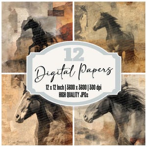May include: A set of 12 digital papers featuring vintage-inspired images of horses in shades of brown and gray. The papers are 12 inches by 12 inches and have a resolution of 3600 by 3600 pixels at 300 dpi.  The papers are high quality JPGs.