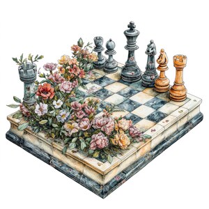 Könnte beinhalten: Ein Aquarellbild eines Schachbretts mit Schachfiguren und Blumen, die über das Brett wachsen. Die Schachfiguren sind schwarz und weiß, und die Blumen sind rosa, weiß und gelb.