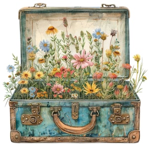 12 imágenes prediseñadas de maletas florales, imágenes prediseñadas JPG de flores silvestres, imágenes prediseñadas de acuarela imprimibles, arte mural, manualidades de papel, descarga digital, revistas basura