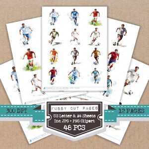 Peut inclure: Plusieurs pages de découpe minutieuse sur le thème du football. Les pages présentent des illustrations à l'aquarelle de joueurs de football en action, portant divers uniformes colorés. Le texte comprend "FUSSY CUT PAGES", "US Letter & A4 Sheets", "Inc. JPG + PNG Clipart", "48 PCS", "12 PAGES", et "300 DPI".