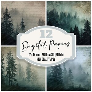 12x Vintage Dark Fog Forest Junk Journal Paper, Misty Pine Trees, Digital Paper Pack, Ephemera Backgrounds, Scrapbook Paper, JPGs, Digital
