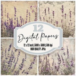 12x Vintage Lavender Junk Journal Paper, Distressed Floral Digital Paper Pack, High Quality JPGs, Scrapbook Paper, Digital Download