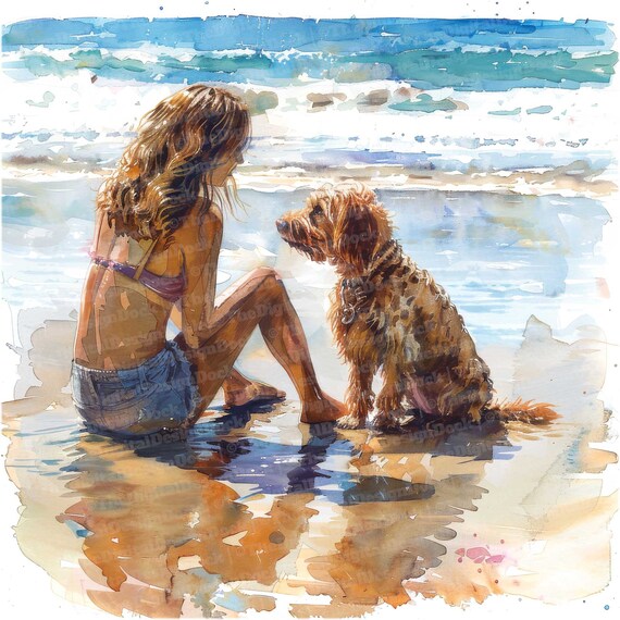 犬と女性のアートプリント 女性と犬のビーチクリップアート、12枚のJPG画像、犬の散歩ビーチ