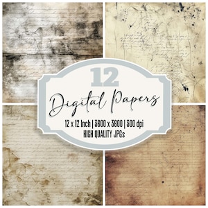 May include: Set of 12 digital papers featuring vintage, distressed, lined paper textures in brown and white. Each paper is 12 x 12 inches and 300 dpi.