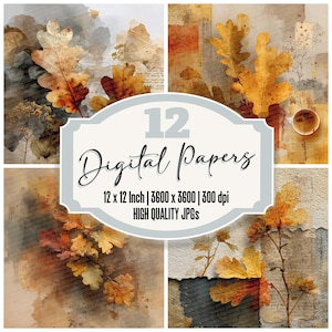 May include: Four digital papers with autumnal leaf illustrations in watercolour style, in gold, brown, and orange hues. The image includes text: "12 Digital Papers, 12 x 12 Inch | 3600 x 3600 | 300 dpi, HIGH QUALITY JPGs."