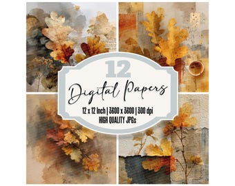 May include: A collage of four digital papers featuring watercolor-style illustrations of autumn leaves in shades of gold, brown, and orange. The image includes text that reads "12 Digital Papers, 12 x 12 Inch | 3600 x 3600 | 300 dpi, HIGH QUALITY JPGs."