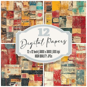 12x Etiquetas de caixa vintage Papel de diário de lixo Embalagem desgastada Pacote de papel digital JPGs de alta qualidade Textura retrô Fundos de scrapbook