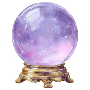 May include: Watercolor illustration of a crystal ball with a celestial design. The glass sphere is filled with a purple and pink nebula and sparkling stars. It sits on a gold-colored ornate stand, evoking a mystical theme.