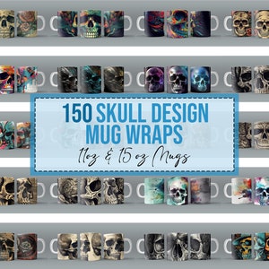 150x Envolturas de tazas de calavera para taza de sublimación de 11 oz 15 oz Paquete a granel Descargas de envolturas de tazas Diseño PNG Diseños de calaveras digitales florales Mega paquete de 11 oz