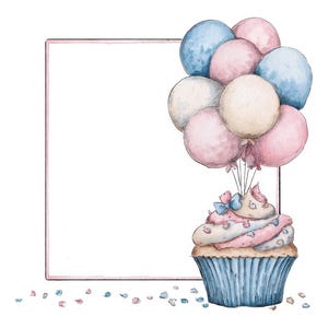 Könnte beinhalten: Aquarell-Illustration eines Cupcakes mit rosa und blauer Glasur, gekrönt von einer blauen Schleife. Eine Ansammlung pastellfarbener Luftballons schwebt über dem Cupcake. Ein rosa quadratischer Rahmen befindet sich links, mit verstreuten Konfetti.