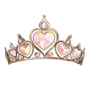 Op de afbeelding: Waterverfillustratie van een gouden tiara met roze, hartvormige edelstenen. De tiara heeft een klassiek ontwerp met een centraal hart en kleinere harten aan weerszijden, allemaal gezet in een gouden frame. De edelstenen hebben een zacht, doorschijnend uiterlijk.
