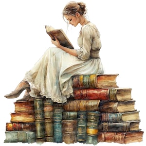 12x Clipart amante dei libri, ragazza acquerello che legge sui libri, Clipart di arte letteraria, download digitale, artigianato di carta, arte murale, diari spazzatura