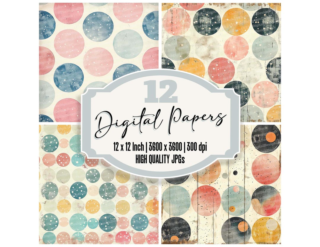 12x Retro Polka Dot Junk Journal Paper, Vintage Circle Digital Paper ...