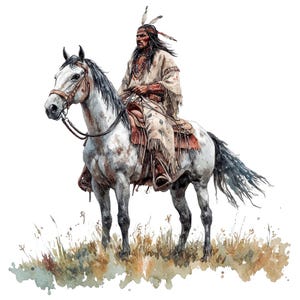 Native Indian Man on Horse PNG Clipart, 12x Western Warrior Clip Art Set, Printable Watercolor Clip Art, Paper Crafts, PNG Digital Download