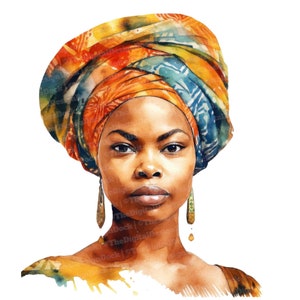 12x Clipart donna africana, Clipart fascia per la testa femminile, Clipart acquerello stampabile, Arte murale, Artigianato di carta, Download digitale, Diari spazzatura