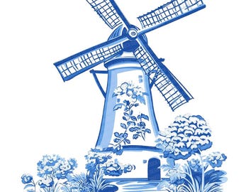 12 imágenes prediseñadas de molinos de viento de Delft, imágenes PNG de molinos de viento florales azules, diseño holandés de acuarela, descarga digital, revistas basura, manualidades de papel, arte imprimible