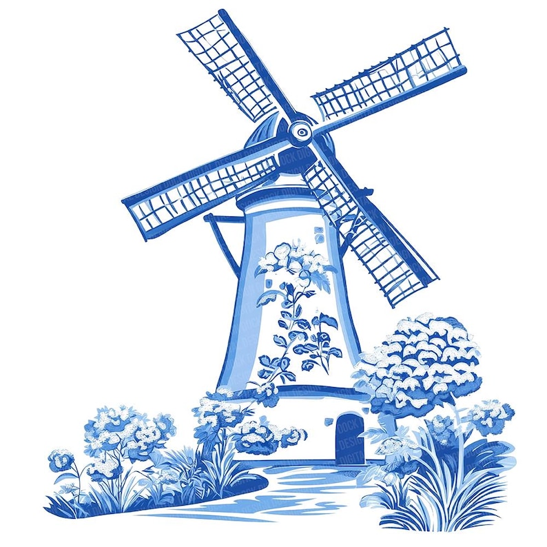 Puede incluir: Un molino de viento azul y blanco con un dise&ntilde;o floral, rodeado de flores azules y blancas. El molino de viento es un dise&ntilde;o holand&eacute;s tradicional.