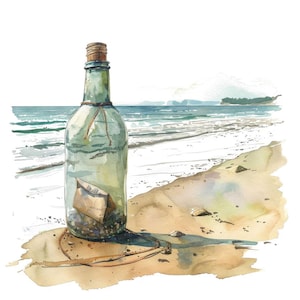 Nachricht in einer Flasche PNG Clipart, 12x Strand Flasche Clip Art Set, druckbare Aquarell Clip Art, transparenter Hintergrund PNG, digitaler Download