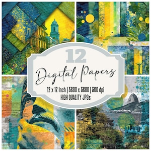 May include: A set of 12 digital papers, each 30.48 x 30.48 cm, showcasing abstract designs in blue, yellow, and green. The image includes the text "Digital Papers" and specifications for resolution and quality.