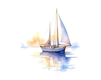 Sailboat Dawn Clipart, 12x Nautical Sunrise Clip Art Set, Printable Watercolor Art, Digital Download, Transparent Background, Paper Crafts