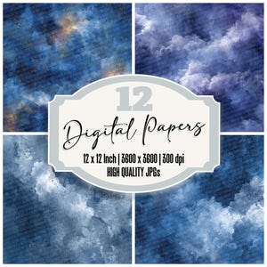 May include: A digital art composition featuring four panels of abstract watercolor backgrounds in shades of blue, with a central label that reads "12 Digital Papers". Each paper is 12 x 12 inches, 3600 x 3600 pixels, and 300 dpi.