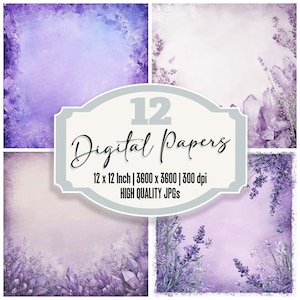 12x Carta da giornale con cornice in cristallo lavanda, carta digitale floreale, bordo con pietre preziose, JPG di alta qualità, sfondi eleganti
