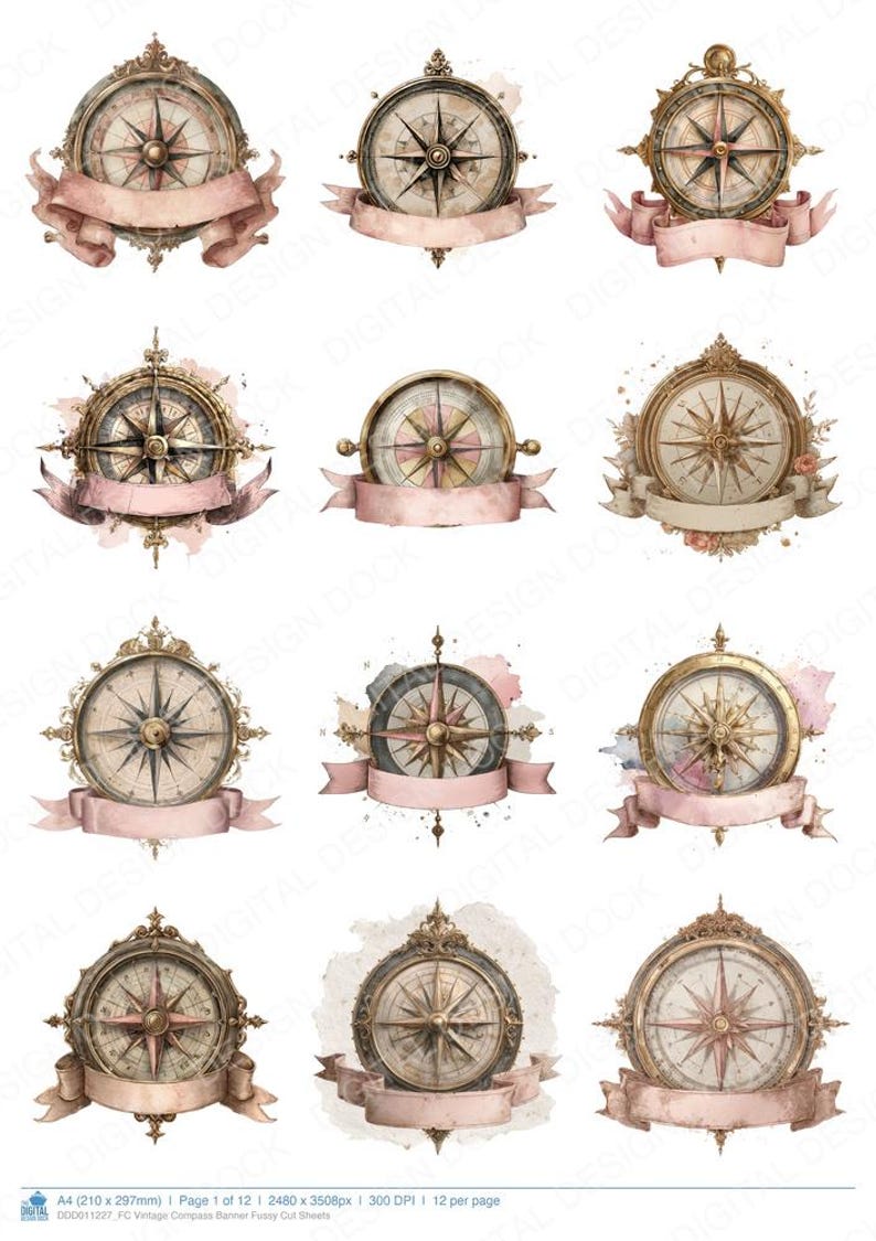 Vintage Compass Banner Fussy Cut Sheets, 12x Printable Pages, Junk ...