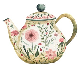 12x Folk Art Teapot Clip Art, Floral Watercolor Teapot Clipart Set, Digital Download, Paper Crafts, Scrapbooking, Junk Journal