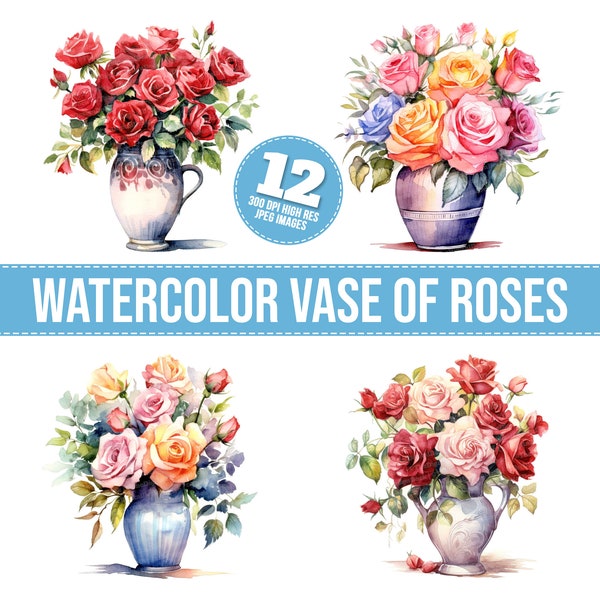 Vase of Roses Clipart, 12 JPGs, Vase of Flowers Printable Image, Antique Illustration, Wall Art, Digital Download, Junk Journals, T-shirt