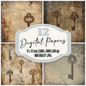 12 Rustic Skeleton Key Digital Paper,Junk Journal Paper Pack,Aged Metal Parchment Texture,Steampunk Ephemera Backgrounds,Printable Scrapbook