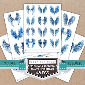 Könnte beinhalten: Papierbögen mit Aquarell-Engelsflügel-Designs in Blau. Das Bild enthält den Text "Fussy Cut Pages", "US Letter & A4 Sheets", "Inc. JPG + PNG Clipart" und "48 PCS". Das Bild zeigt auch "12 Pages" und "300 DPI".