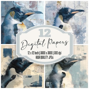 12 x Penguin Junk Journal Paper Antarctic Chart Digital Paper Pack Hoge kwaliteit JPG's Verontruste textuur Scrapbookpapier Digitale Download