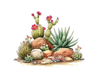 Fasskaktus-Wüstenblumen-PNG-Grafik, 12 Südwest-Blumen-Cliparts, druckbare Aquarell-Kaktusgrafik, transparentes PNG, digitaler Download