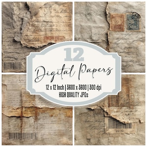 12x Ripped Note Layer Junk Journal Paper Vintage Postcards Stamps Digital Paper Pack Distressed Textures